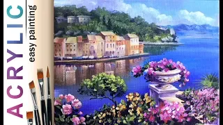 "Mediterranean seascape. Small City and flowers" How to paint landscape🎨ACRYLIC tutorial DEMO