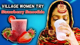 Villagers Try Strawberry Smoothie For First Time ! Tribal People Try Smoothie For First Time