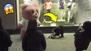 Korean Boy FELL On Ground!! The Craziest Screams Ever. | GIANT BEAR PRANK