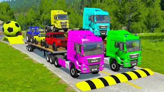 Double Flatbed Trailer Truck vs Speedbumps Train vs Cars Beamng.Drive #7