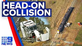 Two people injured after truck and train collide in Victoria | 9 News Australia