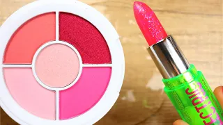 Slime Coloring with Makeup! Mixing pink Lipstick & pink eyeshadow into Clear Slime! Satisfying ASMR