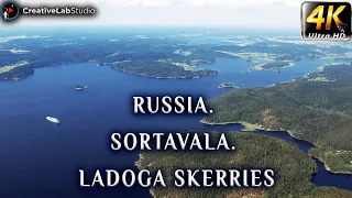 Russia. Sortavala. Ladoga skerries. Aerial. 4K