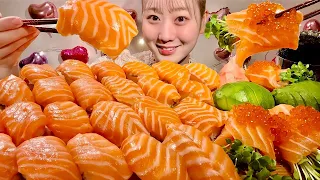 ASMR Salmon Sushi【Mukbang/ Eating Sounds】【English subtitles】