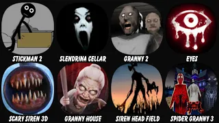 Stickman Jailbreak Escape 2, Slendrina The Cellar, Granny Chapter Two, Eyes The Horror Game....