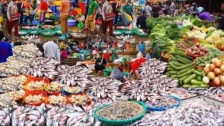 Cambodian street food, fish, vegetables and fruits market, amazing food scenes from Cambodia
