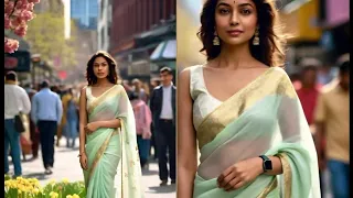 [4K] AI Model  ON THE STREET with White and Green Saree CUTOUT | AI LOOKBOOK