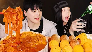 Mala Rosè Tteokbokki Mukbang asmr with my sister 🔥 (ft.soju Bburing cheeseball Bburing hotdog)