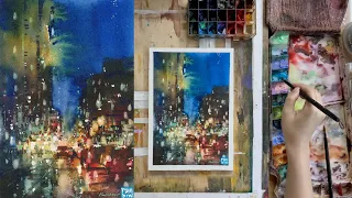 Rainy Cityscape Painting | How to Paint a Watercolor Landscape Night Street Scene