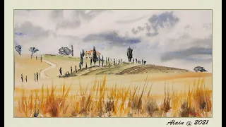 ACQUERELLO Paesaggio Toscano esercizio sulle distanze WATERCOLOR Tuscan landscape Demo tutorial