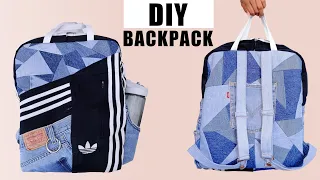 DIY Patchwork Backpack from Jeans + Adidas Pants! | THRIFT FLIP