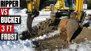 Comparing Frost Ripper VS Digging bucket on a Excavator cutting through frozen ground