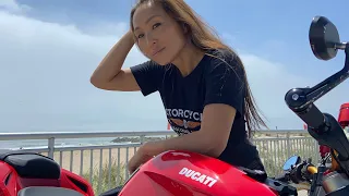 Korean Bikergirl in New York Ride Ducati Streetfighter to Rockaway Beach Queens