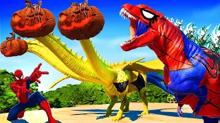 Jurassic World Evolution 🌍 Spiderman Godzila Vs Halloween Pumpkin King Ghidorah Dinosaurs Fight !!