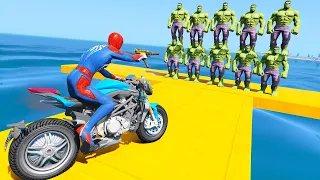 SPIDERMAN and HULK WALL Obstacle with Superheroes! Motorcycle Race Challenge - GTA V MODS