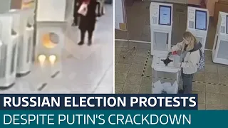 Russian voters pour ink into ballot boxes and throw firebombs as Putin victory expected | ITV News