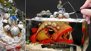 This boy thinks he’s fishing from rocks! Diorama, MONSTER FISH, Resin Art, Polymer Clay
