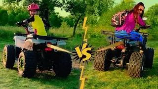 Funny Tug of War on four-wheeled toys Den vs Mom