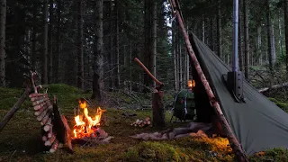 Solo Bushcraft Overnight - Canvas Lavvu Hot Tent - Ammo Can Stove Step by Step Build