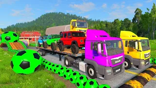 Double Flatbed Trailer Truck vs speed bumps|Busses vs speed bumps #BeamNG.Drive