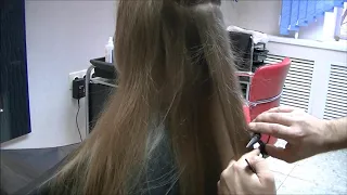 Полировка длинных волос ножницами. women haircut.