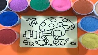 TÔ MÀU TRANH CÁT THỎ CON, CÂY NẤM VÀ CHIM - how to colored sand painting rabbit I BIBI CHANNEL