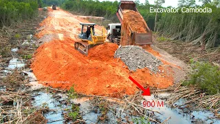 Good Activity Make New Road By Operator Skills Bulldozer Pushing Soil And Dump Truck Unloading Soil