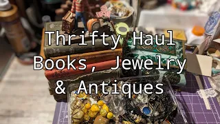 Thrift hauling fun jewelry, antique books and special surprise