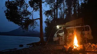 Mountain lakeside camping in Toyota Hiace