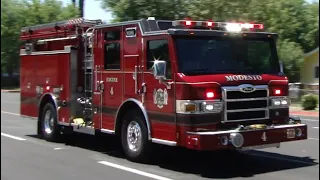 Modesto Fire Dept. Engine 4 and Battalion 1 responding to an apartment fire - Horn and Q