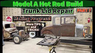 Model A Coupe Hot Rod Build! Trunk lid repair part 7! Welding up damaged rumble seat hinge holes!