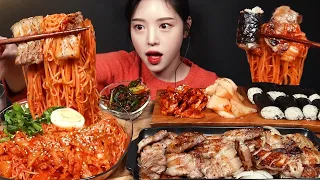 SUB)Grilled Pork Belly, Enoki Mushrooms, and Spicy Kimchi Noodles Mukbang! Plus Gimbap Asmr