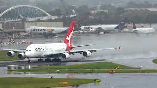 HEAVY RAIN & BIG WATER SPRAY - Plane Spotting @ Sydney Airport! A380 A330 A350 747 - Live Highlights