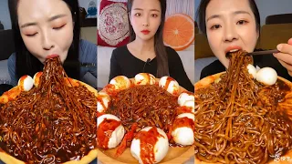 [Mukbang ASMR] Black bean Noodles and Soft Boiled Eggs ( chewy sounds ) 매운 국수와 반숙 계란 먹방