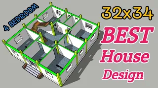 32x34 House Plan Design with Bedrooms | 1100 sqft building plan | 32*34 Makan ka naksha