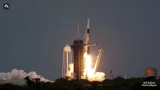 A Falcon 9 booster launches the Axiom AX-3 mission with 4 astronauts aboard to the ISS.