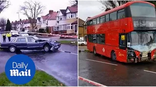 Footage shows aftermath of out-of-control bus crash in Cheam - Daily Mail