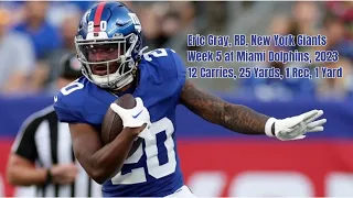 Eric Gray Week 5 Every Run and Catch New York Giants at Miami Dolphins NFL 2023 Rookie Oklahoma