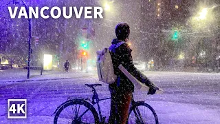 【4K】Downtown Vancouver Night Walk in Heavy Snow and Wind | Canada (Sounds Of Snowfall)