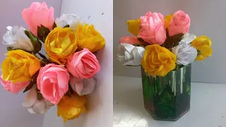 Rose Flower Making from Satin Ribbon | Roses Flower Bouquet Making Idea, Guldasta Banane ka tarika