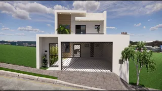 Casa 7x20 - Projeto 3D online e planta baixa de casa moderna com jardim, piscina e academia.