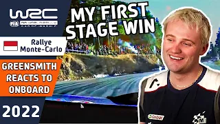 Gus Greensmith reacts to Rally Onboard of his first WRC Stage Win : Rallye Monte Carlo 2022