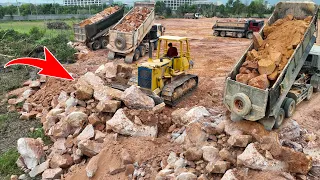 EP 60 ,Incredible Clear Land Project ,Bulldozer Pushing Big Rock to Water Dump Truck 25Ton Unloading