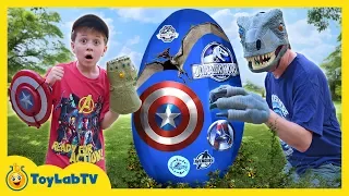 Dinosaurs vs Avengers Giant Surprise Egg! Jurassic World Fallen Kingdom, Infinity War Superhero Toys