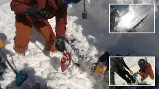 Skier is buried under an avalanche, as his brother digs him out