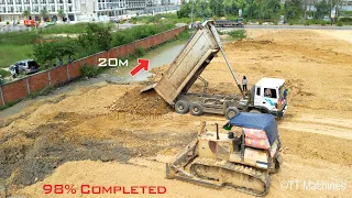 Land Fill Up Completed 98% Processing Dump Truck 12 Wheels Unloading & Bulldozer Pushing Soil In Mud