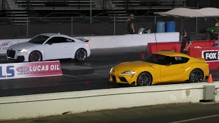 Toyota Supra vs Audi TT RS and vs Dodge Challenger - drag racing