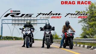 R15M VS PULSAR RS200 VS PULSAR NS200 TRIPLE BATTLE DRAG RACE