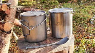 Wild Camping International cooking pot /mug -  Gear review -Titanium vs Steel?