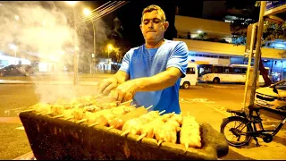 Brazilian STREET FOOD in COPACABANA BEACH!! Chicken Kebabs, Kidneys & Hearts | Rio de Janeiro, Brazi